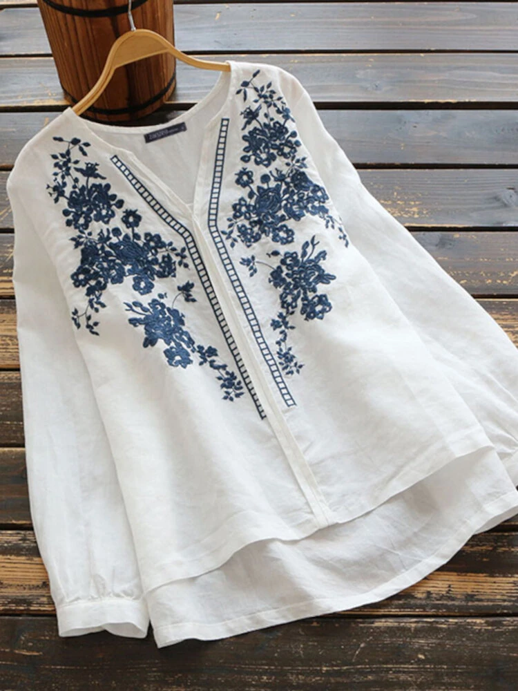(image for)  Plus Size Women Cotton Linen V-Neck Embroidery Patterns Casual Loose Blouse
