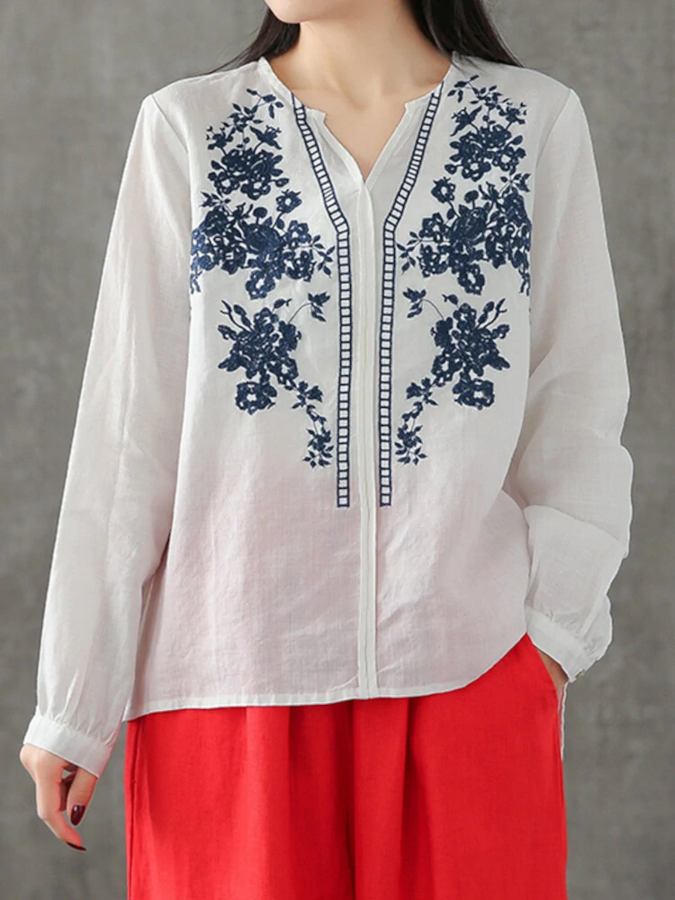 (image for)  Plus Size Women Cotton Linen V-Neck Embroidery Patterns Casual Loose Blouse
