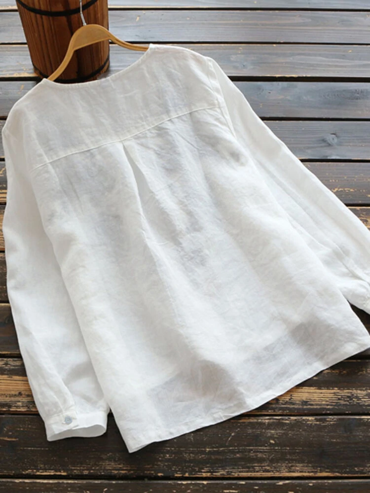 (image for)  Plus Size Women Cotton Linen V-Neck Embroidery Patterns Casual Loose Blouse