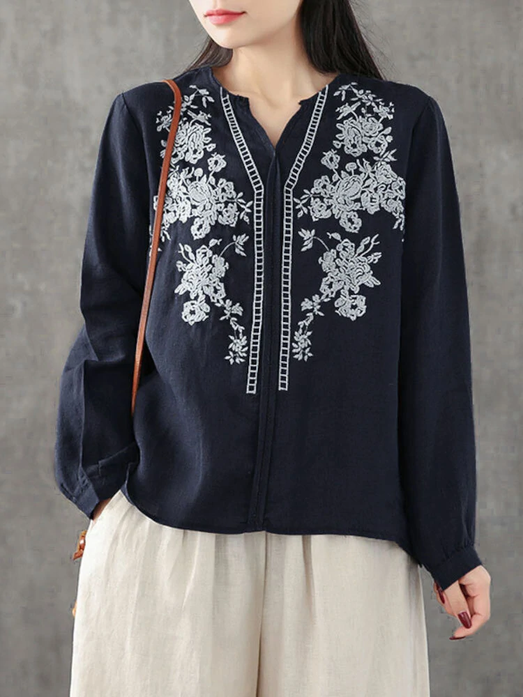 (image for)  Plus Size Women Cotton Linen V-Neck Embroidery Patterns Casual Loose Blouse