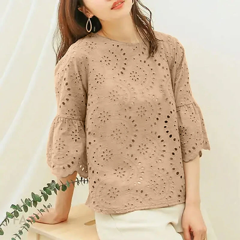 (image for)  Plus Size Women Floral Lace Splicing Crew Neck Blouse, Elegant 3/4 Loose Petal Sleeve Blouse For Spring & Summer, Women's Clothing S-5XL