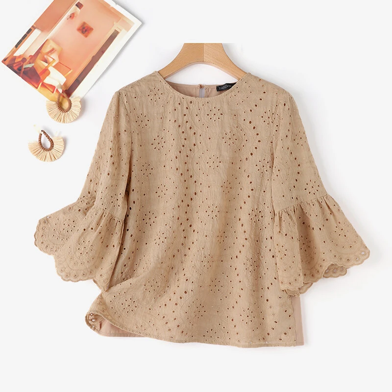 (image for)  Plus Size Women Floral Lace Splicing Crew Neck Blouse, Elegant 3/4 Loose Petal Sleeve Blouse For Spring & Summer, Women's Clothing S-5XL