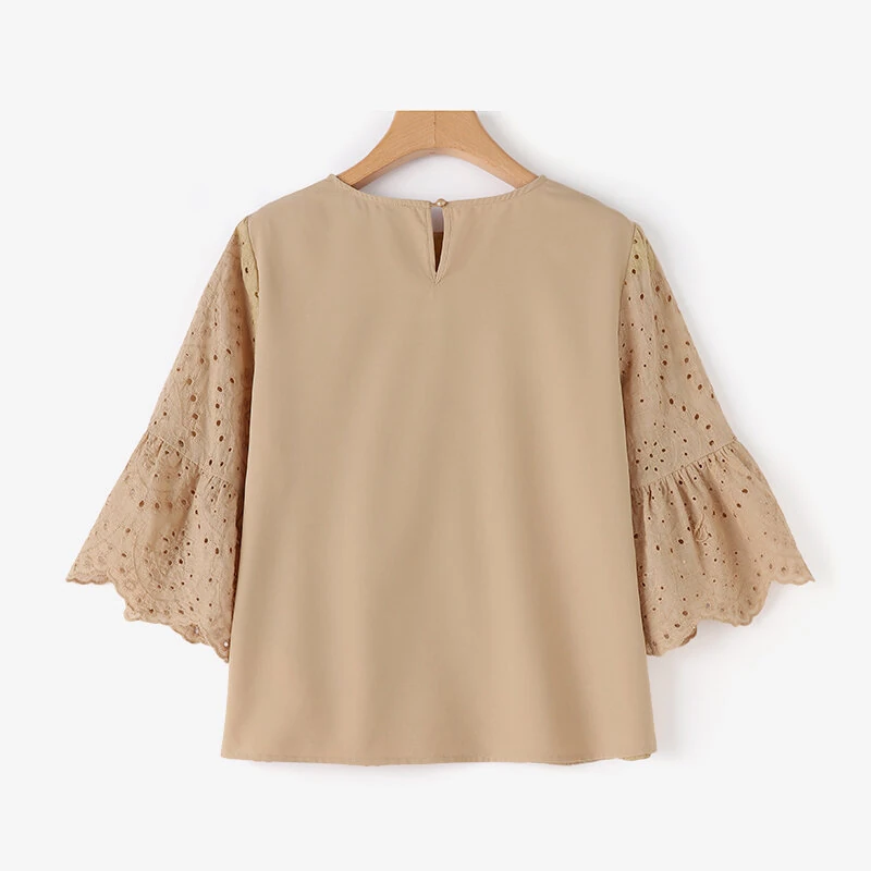 (image for)  Plus Size Women Floral Lace Splicing Crew Neck Blouse, Elegant 3/4 Loose Petal Sleeve Blouse For Spring & Summer, Women's Clothing S-5XL