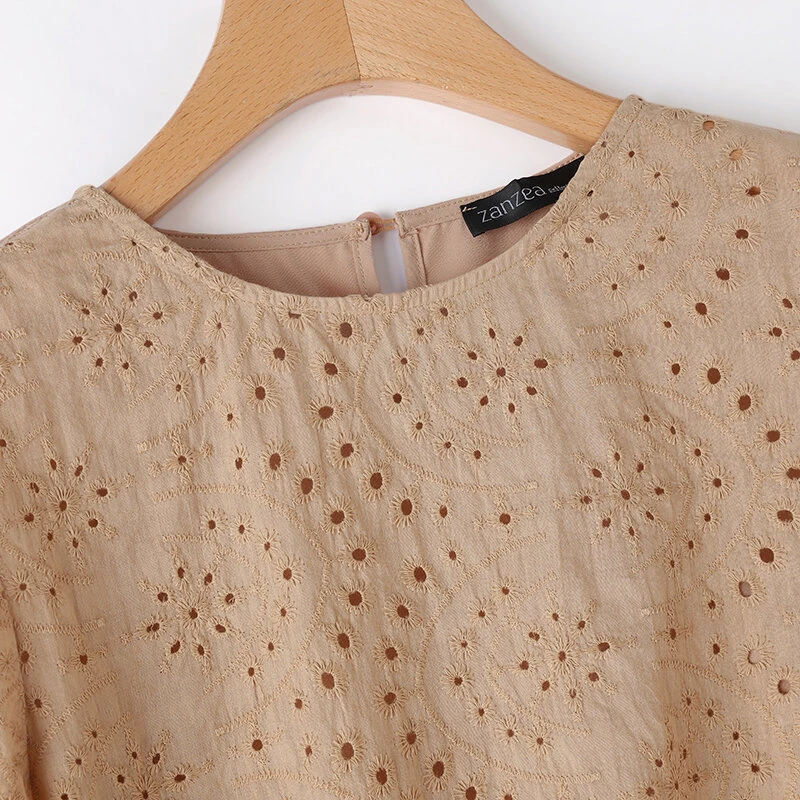 (image for)  Plus Size Women Floral Lace Splicing Crew Neck Blouse, Elegant 3/4 Loose Petal Sleeve Blouse For Spring & Summer, Women's Clothing S-5XL