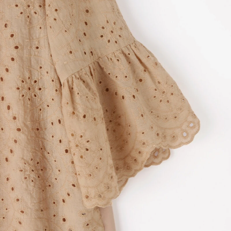 (image for)  Plus Size Women Floral Lace Splicing Crew Neck Blouse, Elegant 3/4 Loose Petal Sleeve Blouse For Spring & Summer, Women's Clothing S-5XL