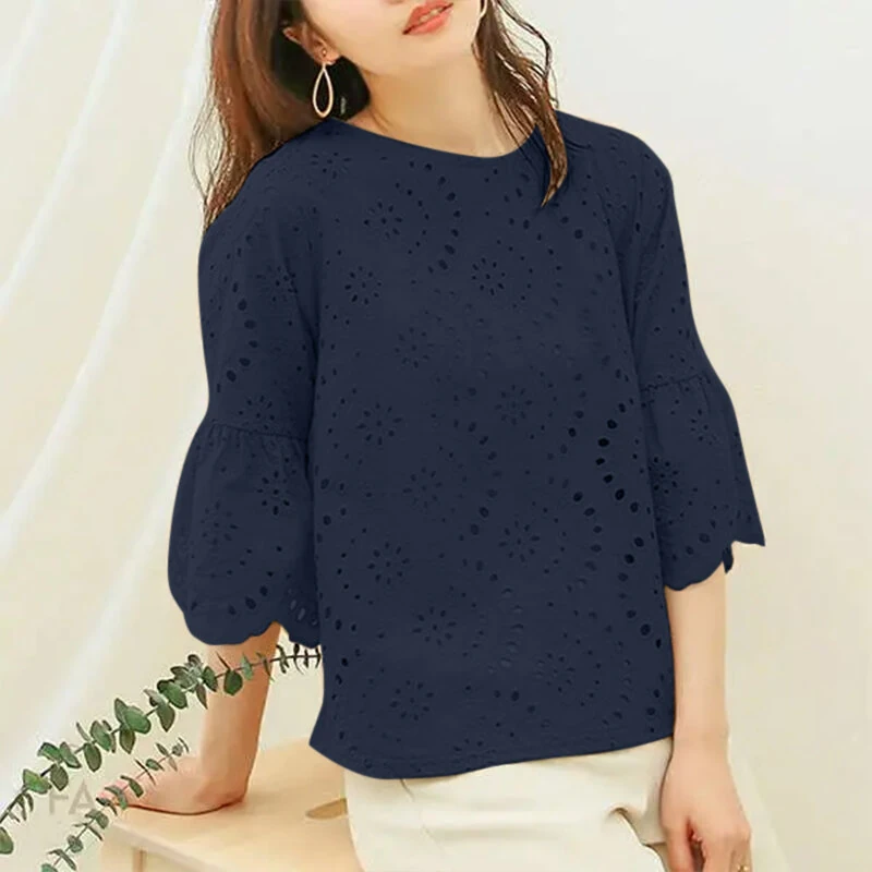 (image for)  Plus Size Women Floral Lace Splicing Crew Neck Blouse, Elegant 3/4 Loose Petal Sleeve Blouse For Spring & Summer, Women's Clothing S-5XL