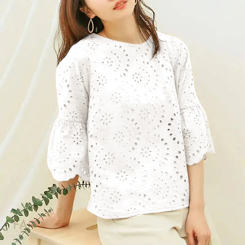 (image for)  Plus Size Women Floral Lace Splicing Crew Neck Blouse, Elegant 3/4 Loose Petal Sleeve Blouse For Spring & Summer, Women's Clothing S-5XL