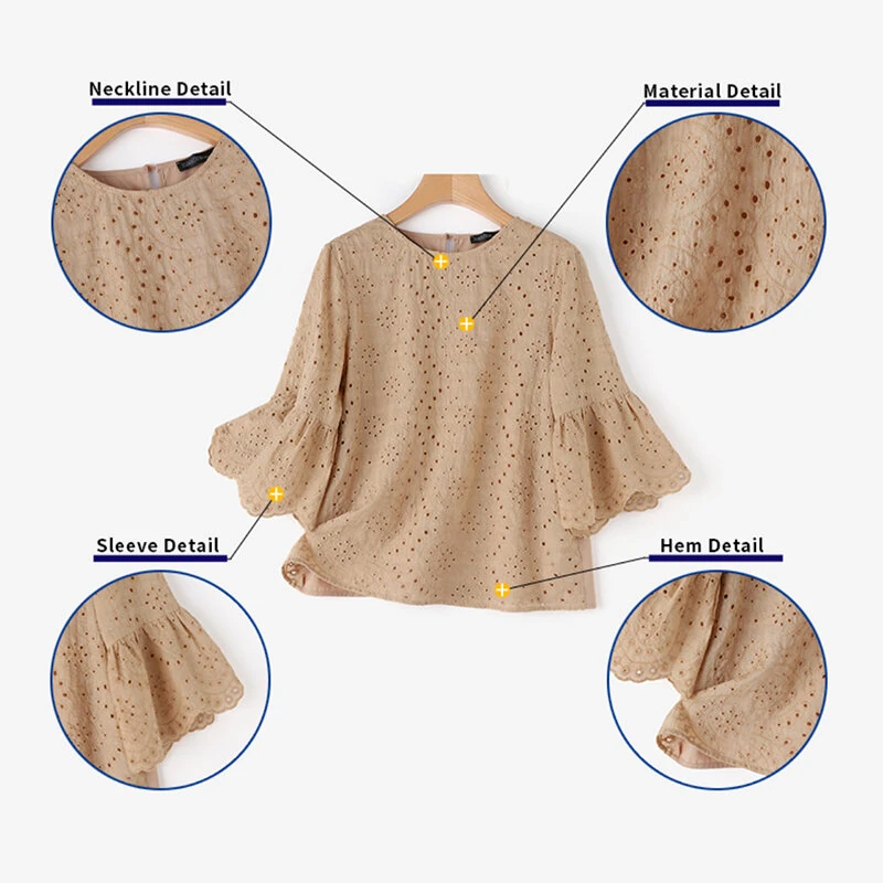 (image for)  Plus Size Women Floral Lace Splicing Crew Neck Blouse, Elegant 3/4 Loose Petal Sleeve Blouse For Spring & Summer, Women's Clothing S-5XL