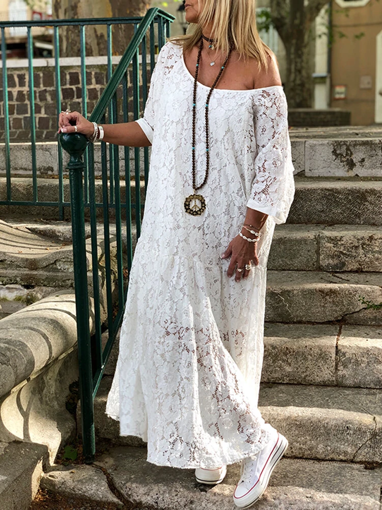 (image for)  Plus Size Women Lace Long Dress Cold Shoulder Long Lace Croceht Hollow Out Bohemian Maxi Dress For Women