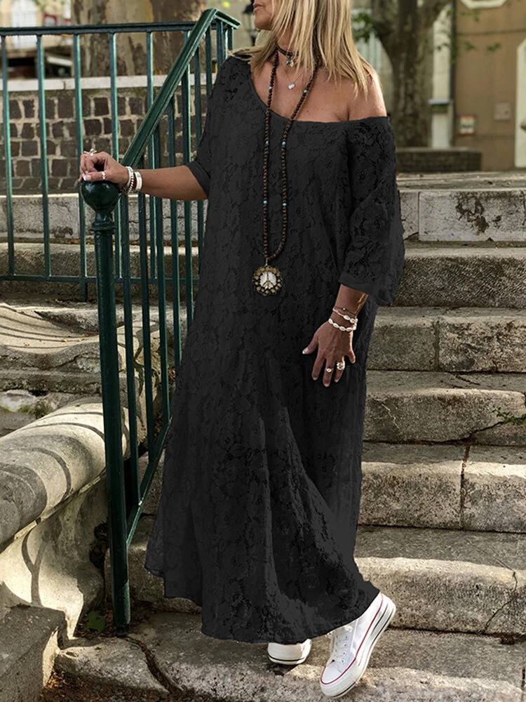 (image for)  Plus Size Women Lace Long Dress Cold Shoulder Long Lace Croceht Hollow Out Bohemian Maxi Dress For Women