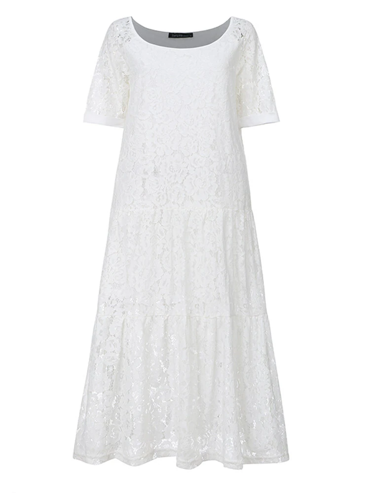 (image for)  Plus Size Women Lace Long Dress Cold Shoulder Long Lace Croceht Hollow Out Bohemian Maxi Dress For Women