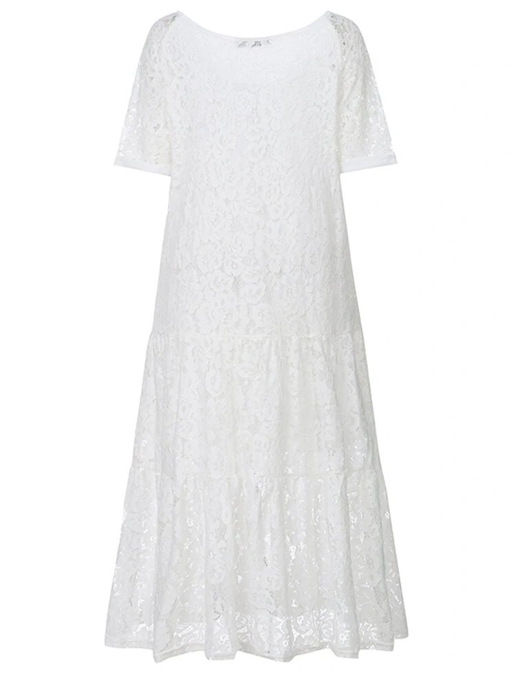 (image for)  Plus Size Women Lace Long Dress Cold Shoulder Long Lace Croceht Hollow Out Bohemian Maxi Dress For Women