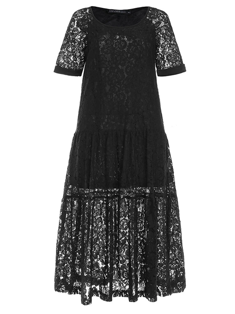 (image for)  Plus Size Women Lace Long Dress Cold Shoulder Long Lace Croceht Hollow Out Bohemian Maxi Dress For Women