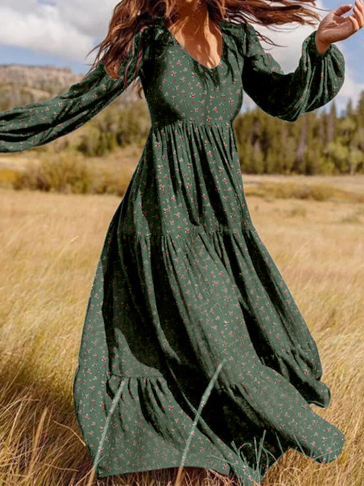 (image for)  Plus Size Women Long Dress Bohemian Floral Maxi Dress Casual V-Neck Back Zipper Long Sleeve Loose Dress for Women