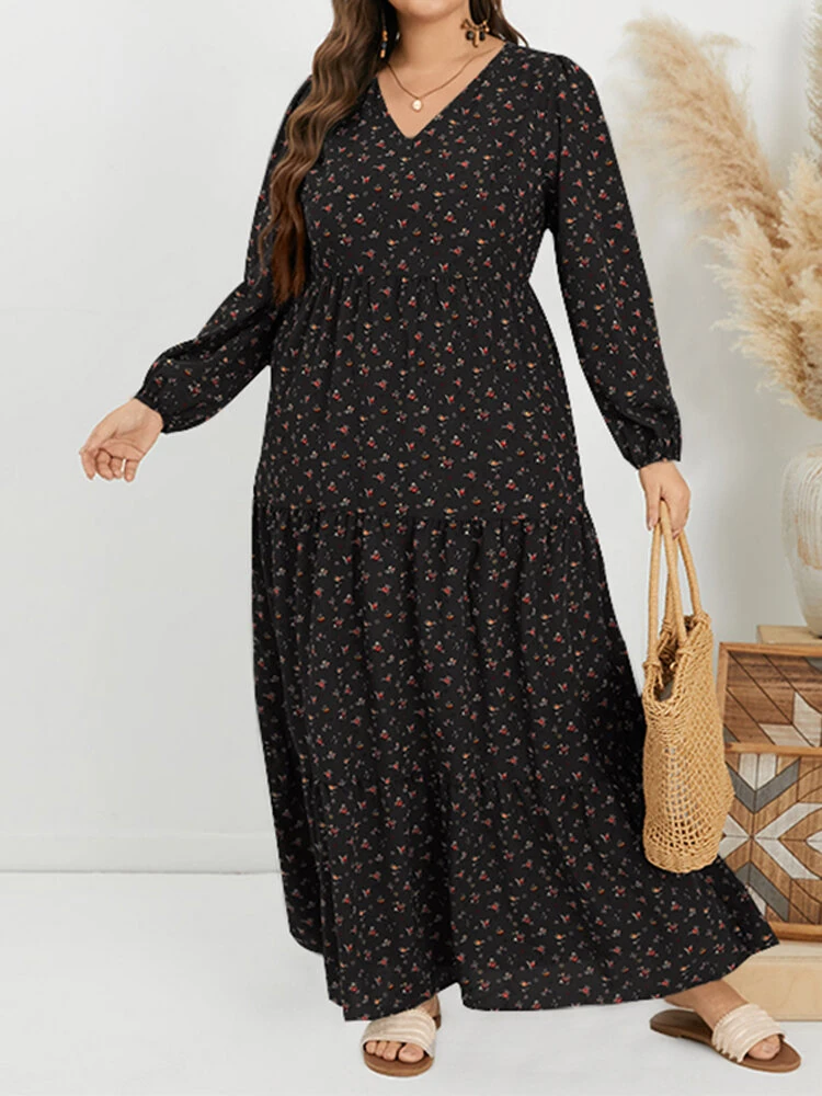 (image for)  Plus Size Women Long Dress Bohemian Floral Maxi Dress Casual V-Neck Back Zipper Long Sleeve Loose Dress for Women