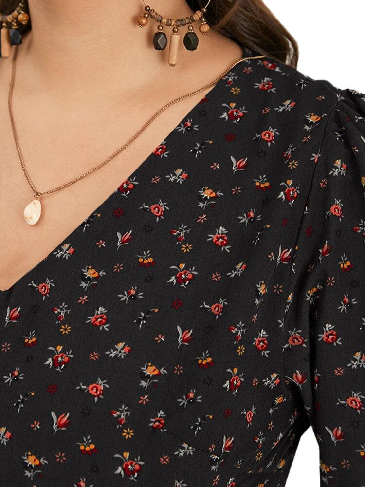 (image for)  Plus Size Women Long Dress Bohemian Floral Maxi Dress Casual V-Neck Back Zipper Long Sleeve Loose Dress for Women