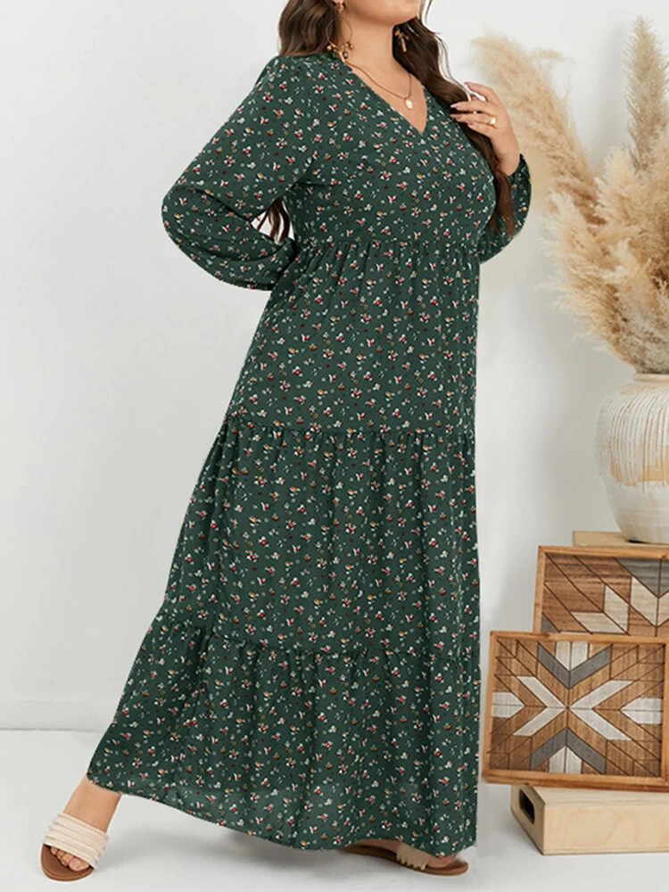 (image for)  Plus Size Women Long Dress Bohemian Floral Maxi Dress Casual V-Neck Back Zipper Long Sleeve Loose Dress for Women