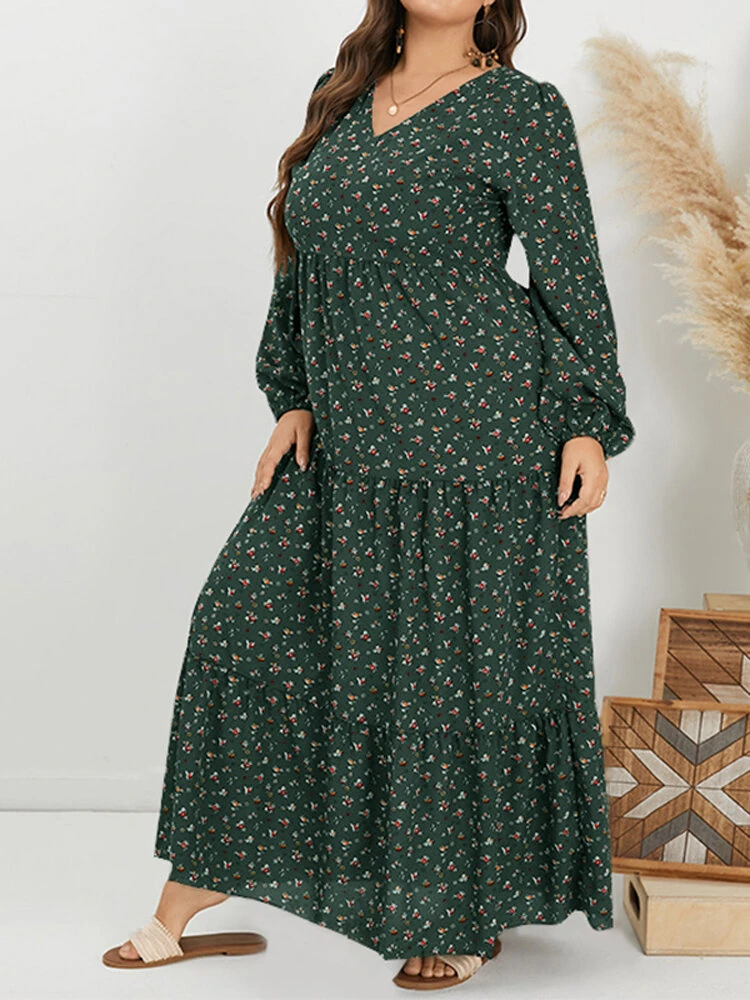 (image for)  Plus Size Women Long Dress Bohemian Floral Maxi Dress Casual V-Neck Back Zipper Long Sleeve Loose Dress for Women