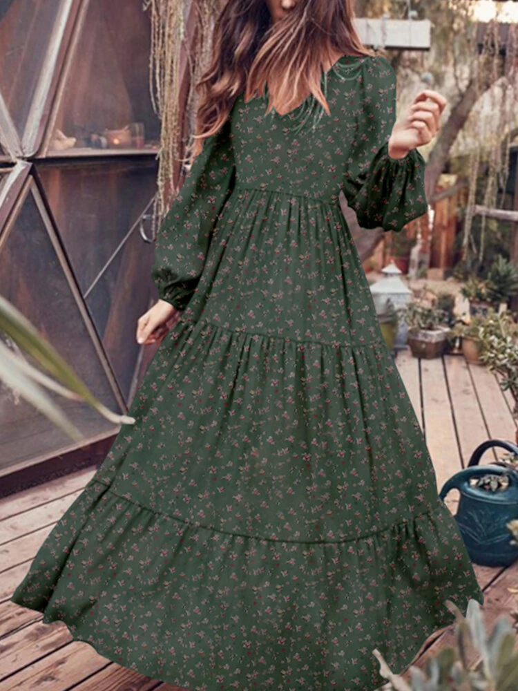 (image for)  Plus Size Women Long Dress Bohemian Floral Maxi Dress Casual V-Neck Back Zipper Long Sleeve Loose Dress for Women