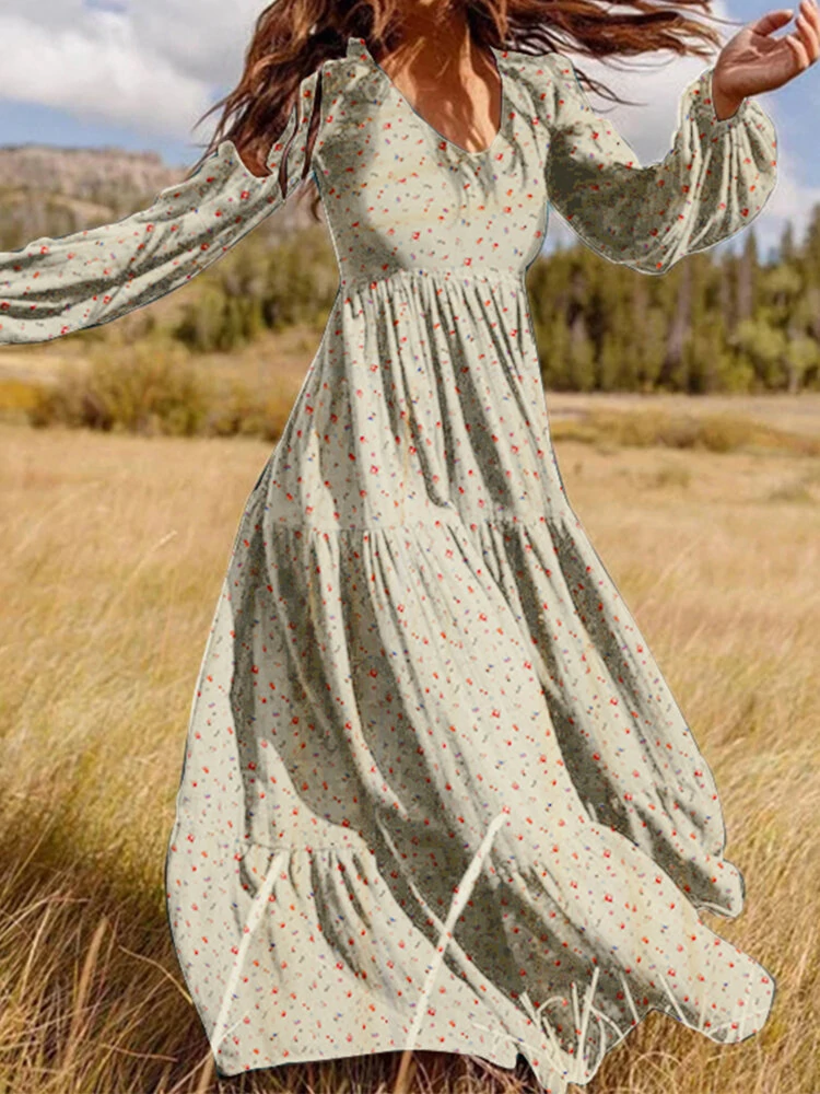 (image for)  Plus Size Women Long Dress Bohemian Floral Maxi Dress Casual V-Neck Back Zipper Long Sleeve Loose Dress for Women
