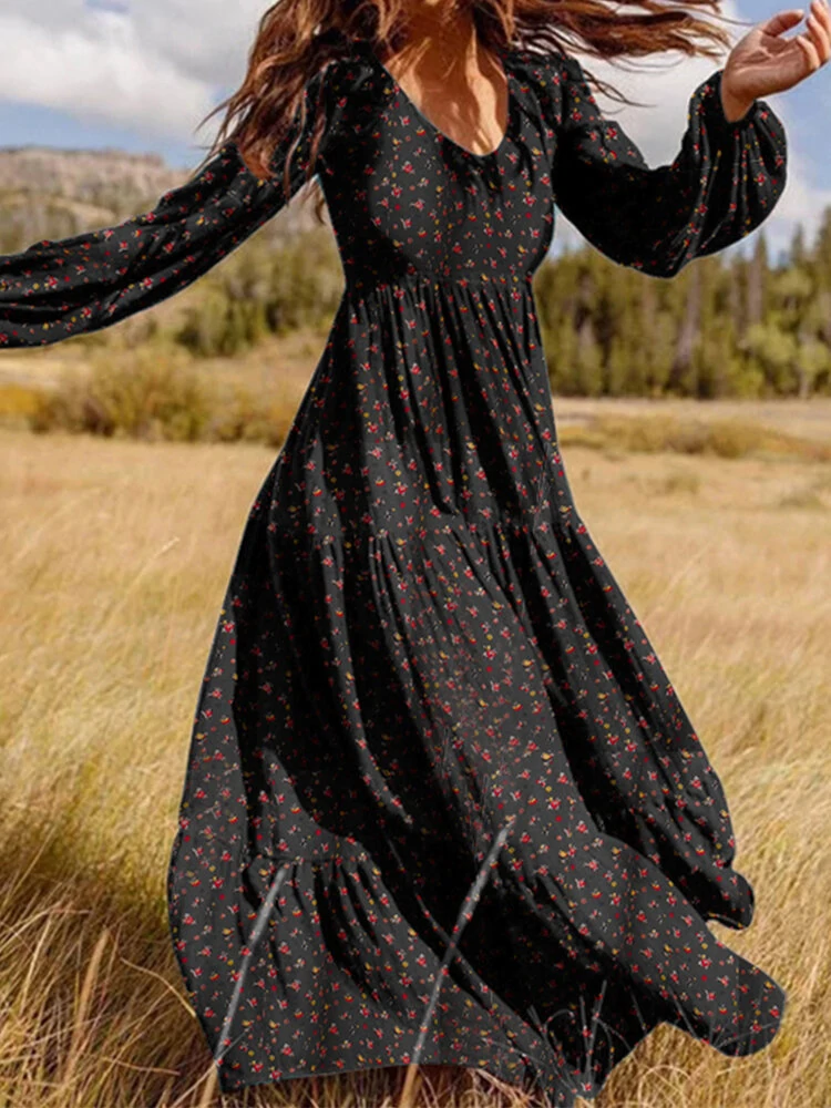 (image for)  Plus Size Women Long Dress Bohemian Floral Maxi Dress Casual V-Neck Back Zipper Long Sleeve Loose Dress for Women