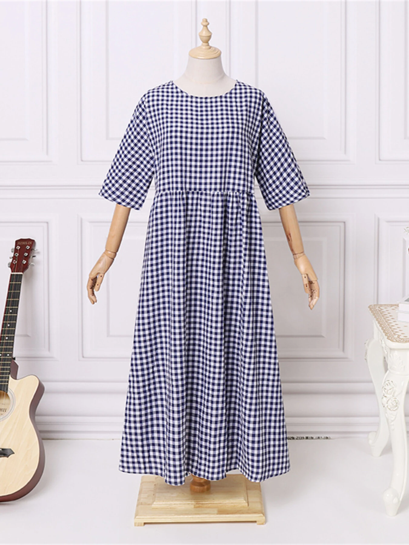 (image for)  Plus Size Women Long Dress Casual Loose Plaid Print O-Neck Half Sleeve Beach Maxi Dress