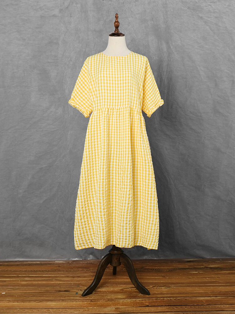(image for)  Plus Size Women Long Dress Casual Loose Plaid Print O-Neck Half Sleeve Beach Maxi Dress