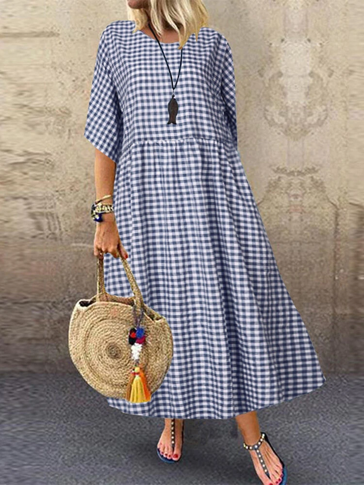 (image for)  Plus Size Women Long Dress Casual Loose Plaid Print O-Neck Half Sleeve Beach Maxi Dress