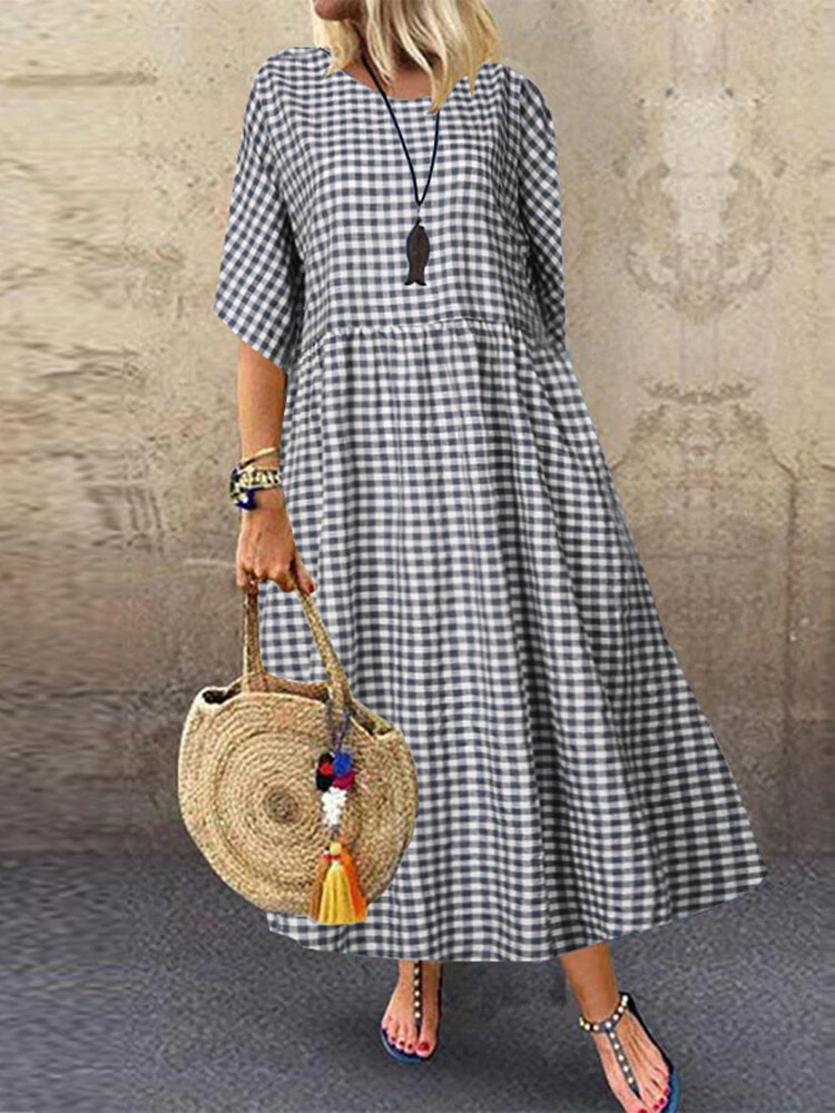 (image for)  Plus Size Women Long Dress Casual Loose Plaid Print O-Neck Half Sleeve Beach Maxi Dress