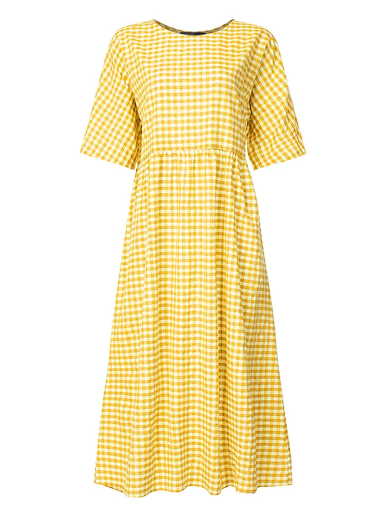 (image for)  Plus Size Women Long Dress Casual Loose Plaid Print O-Neck Half Sleeve Beach Maxi Dress