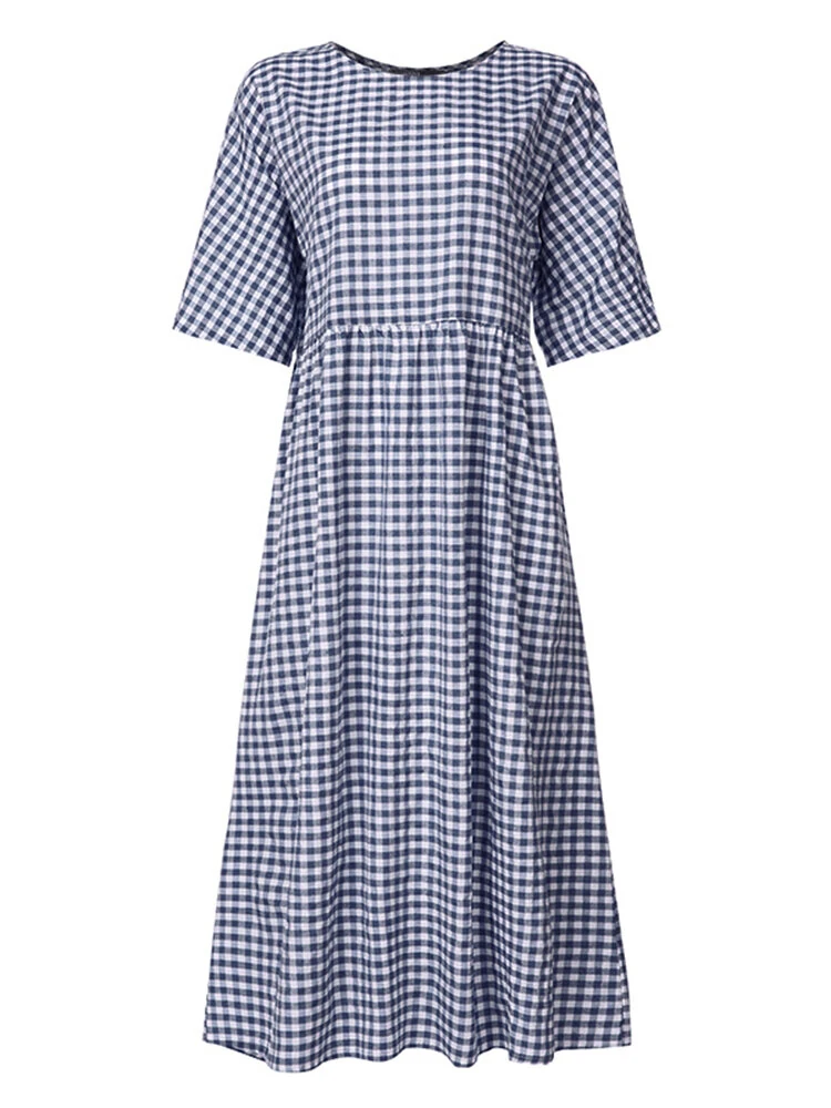 (image for)  Plus Size Women Long Dress Casual Loose Plaid Print O-Neck Half Sleeve Beach Maxi Dress