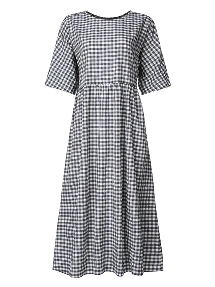 (image for)  Plus Size Women Long Dress Casual Loose Plaid Print O-Neck Half Sleeve Beach Maxi Dress