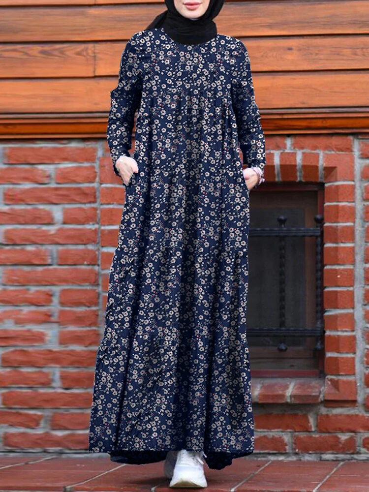 (image for)  Plus Size Women Long Dress Floral Print Tiered Dress O-Neck Casual Maxi Dress With Side Pocket