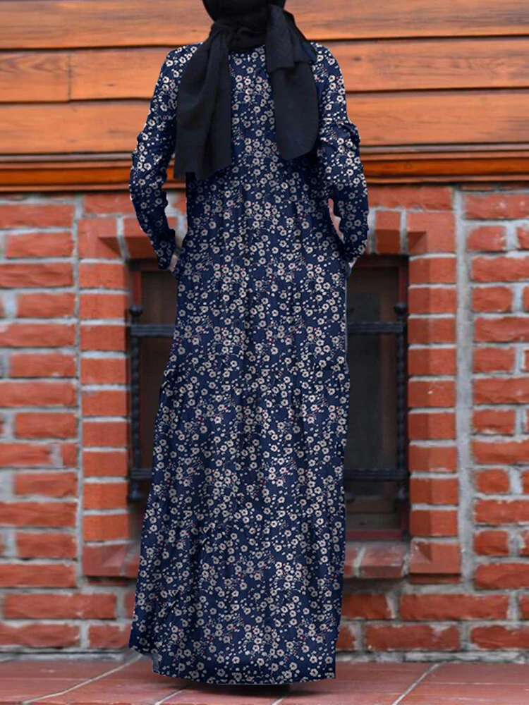 (image for)  Plus Size Women Long Dress Floral Print Tiered Dress O-Neck Casual Maxi Dress With Side Pocket