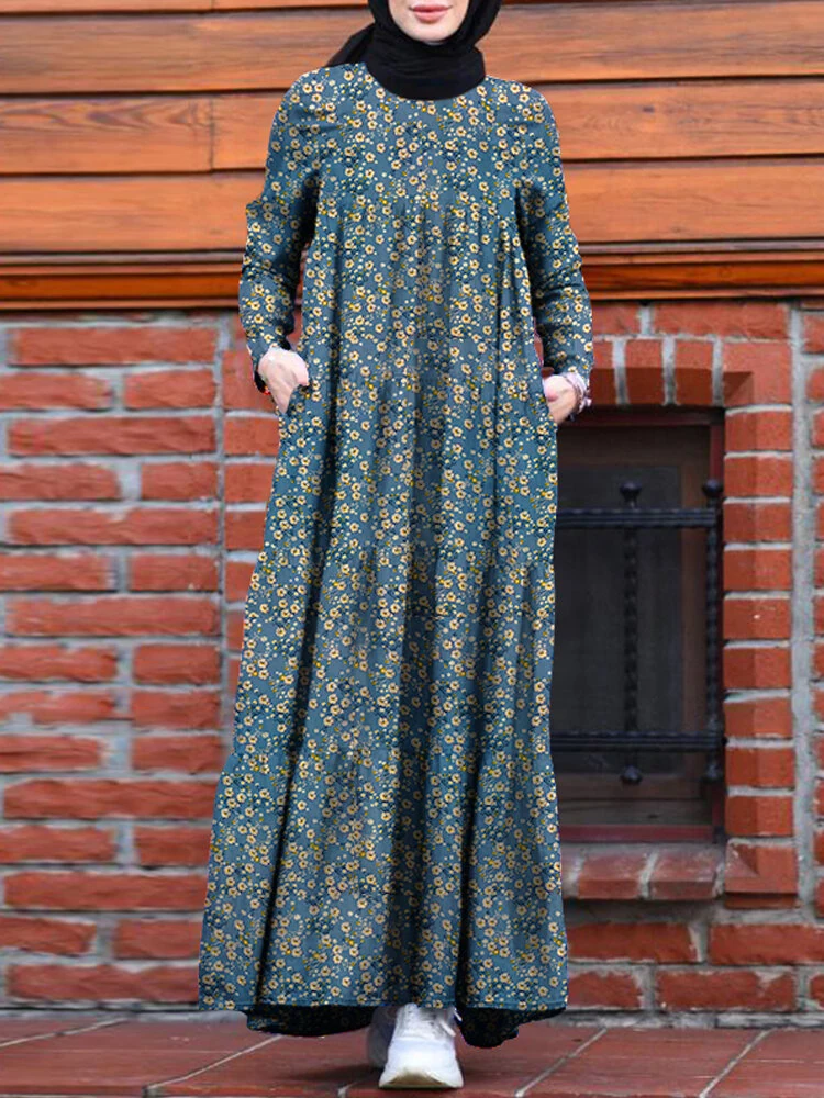 (image for)  Plus Size Women Long Dress Floral Print Tiered Dress O-Neck Casual Maxi Dress With Side Pocket