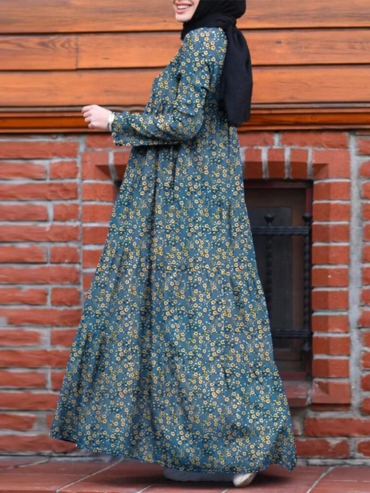 (image for)  Plus Size Women Long Dress Floral Print Tiered Dress O-Neck Casual Maxi Dress With Side Pocket