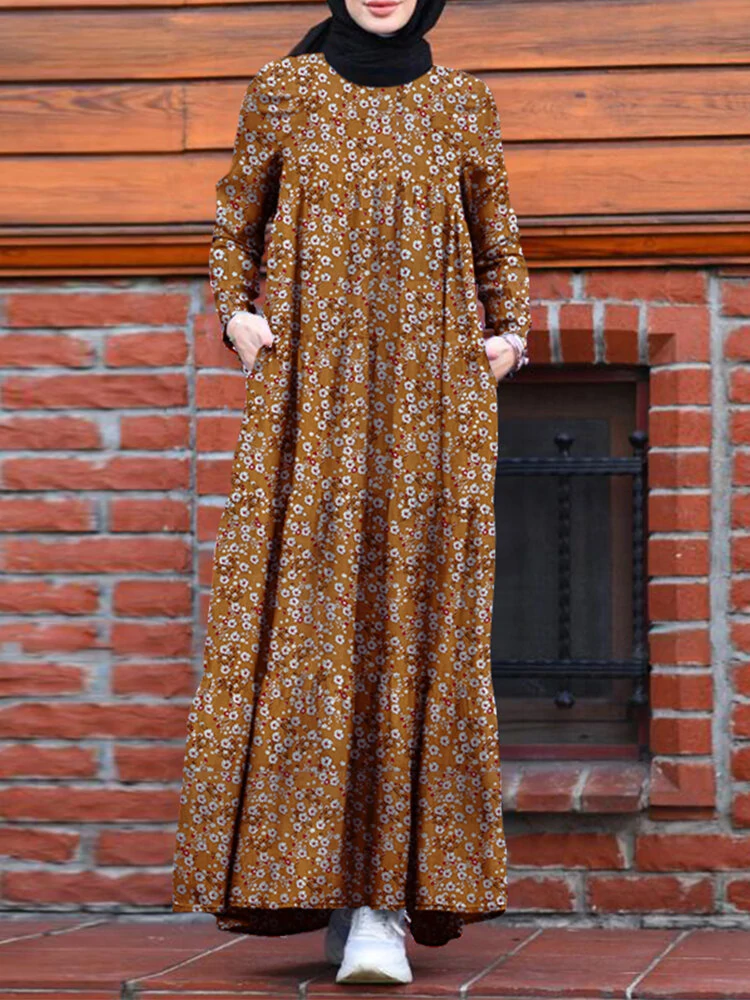 (image for)  Plus Size Women Long Dress Floral Print Tiered Dress O-Neck Casual Maxi Dress With Side Pocket