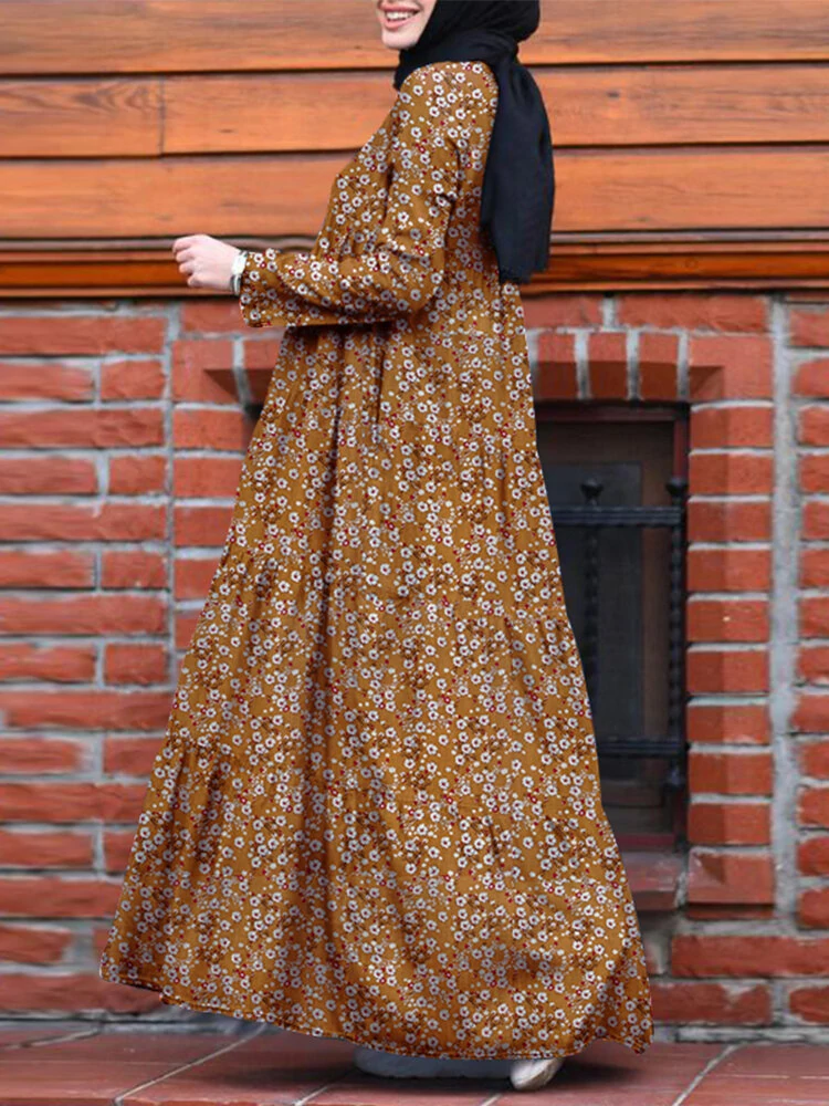 (image for)  Plus Size Women Long Dress Floral Print Tiered Dress O-Neck Casual Maxi Dress With Side Pocket