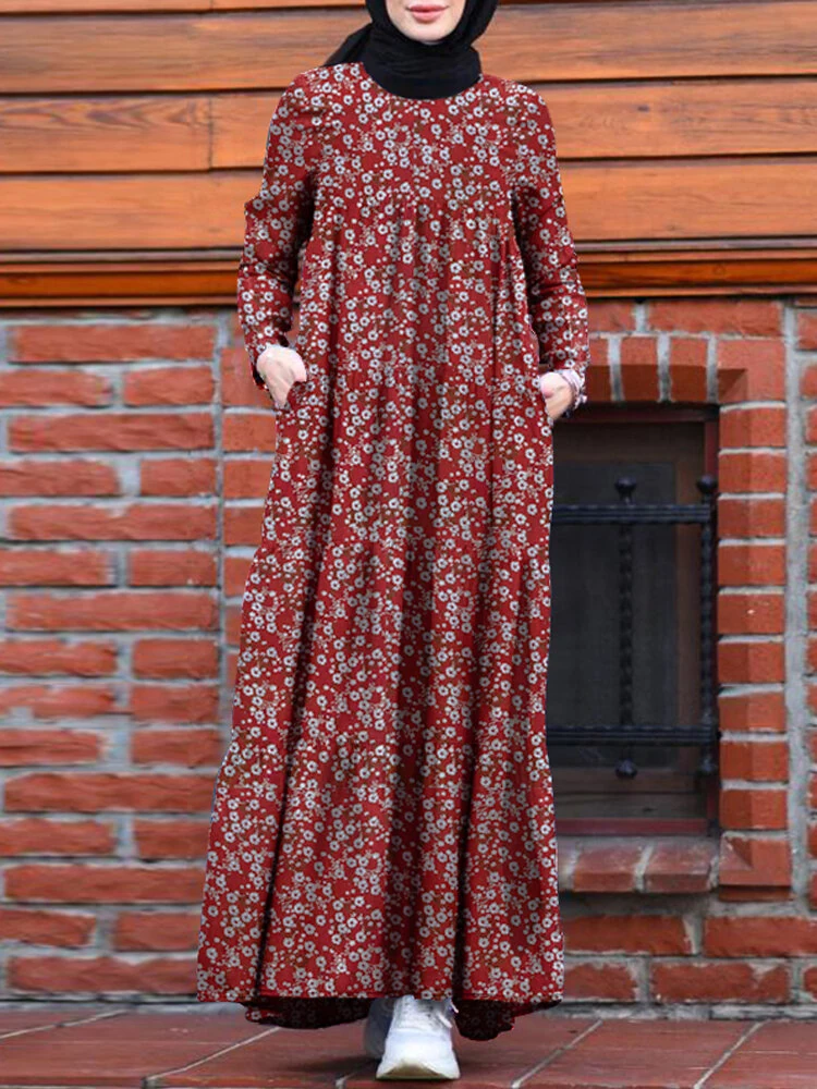 (image for)  Plus Size Women Long Dress Floral Print Tiered Dress O-Neck Casual Maxi Dress With Side Pocket