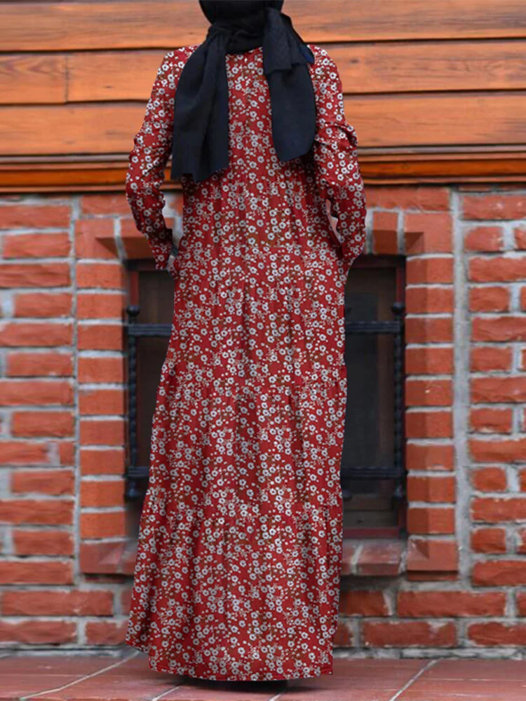 (image for)  Plus Size Women Long Dress Floral Print Tiered Dress O-Neck Casual Maxi Dress With Side Pocket