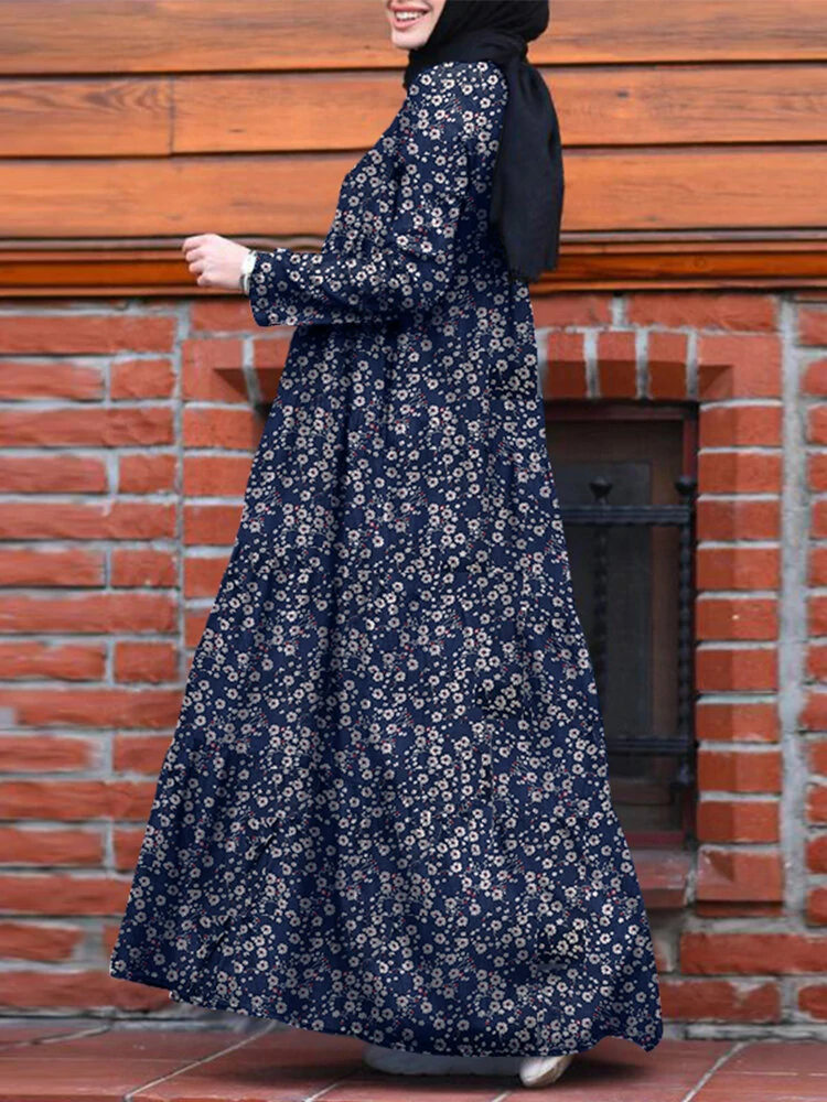 (image for)  Plus Size Women Long Dress Floral Print Tiered Dress O-Neck Casual Maxi Dress With Side Pocket