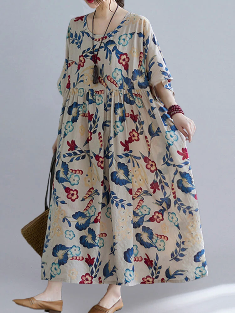 (image for)  Plus Size Women Long Dress O-Neck Floral Loose Bohemian Casual Summer Maxi Dress For Women