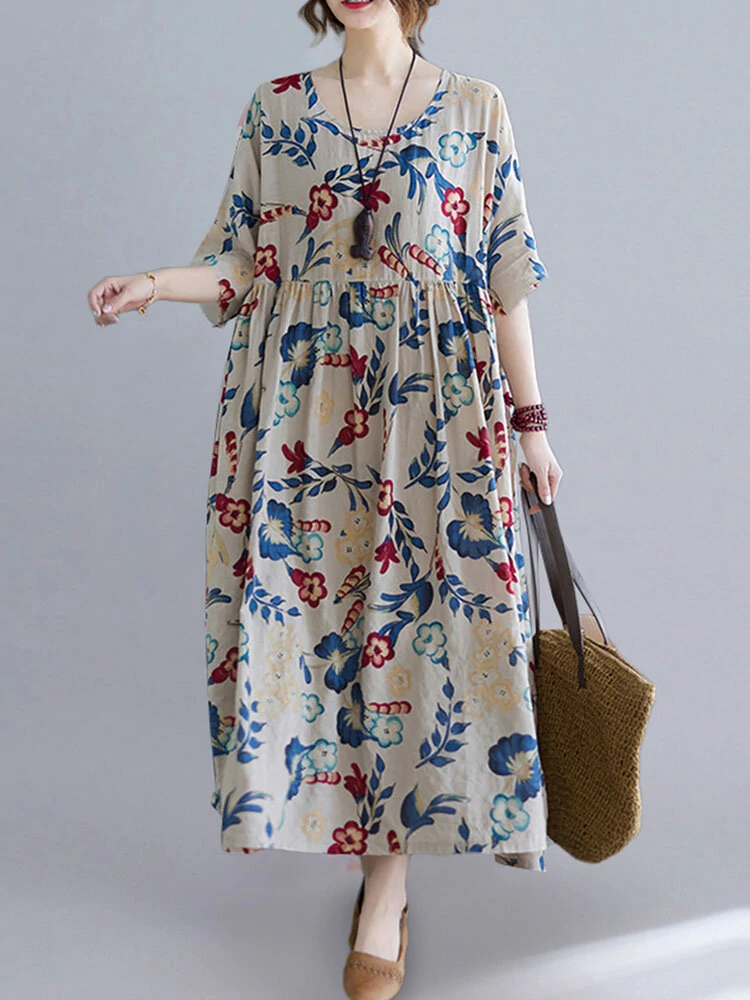 (image for)  Plus Size Women Long Dress O-Neck Floral Loose Bohemian Casual Summer Maxi Dress For Women