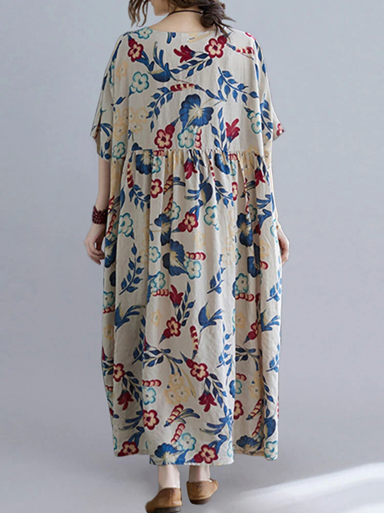 (image for)  Plus Size Women Long Dress O-Neck Floral Loose Bohemian Casual Summer Maxi Dress For Women