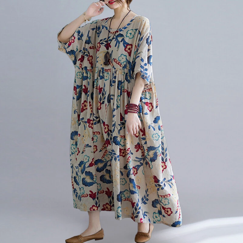 (image for)  Plus Size Women Long Dress O-Neck Floral Loose Bohemian Casual Summer Maxi Dress For Women