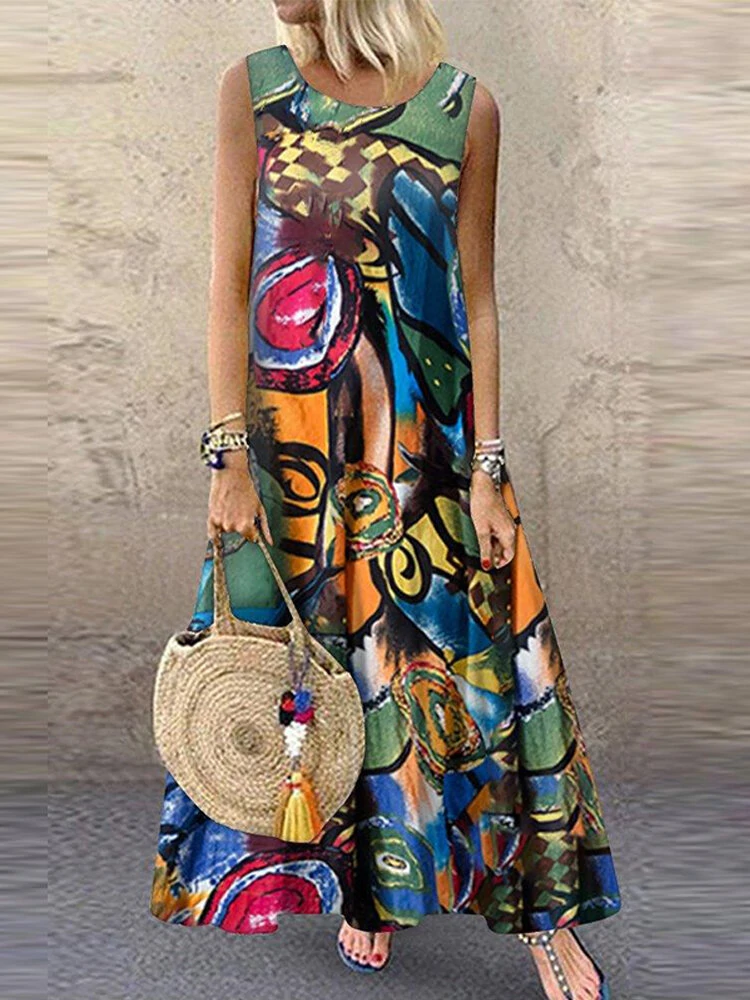 (image for)  Plus Size Women Long Dress Retro O-neck Abstracted Print Sleeveless Beach Maxi Dress with Pockets