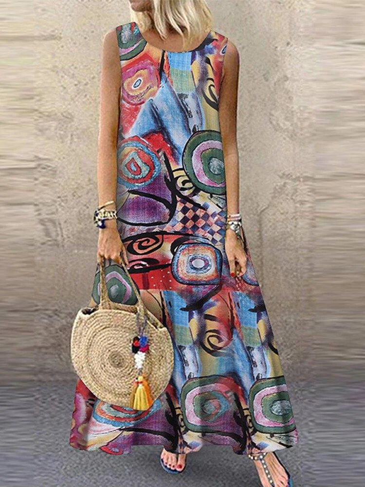 (image for)  Plus Size Women Long Dress Retro O-neck Abstracted Print Sleeveless Beach Maxi Dress with Pockets