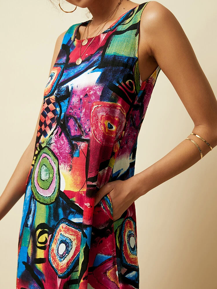 (image for)  Plus Size Women Long Dress Retro O-neck Abstracted Print Sleeveless Beach Maxi Dress with Pockets