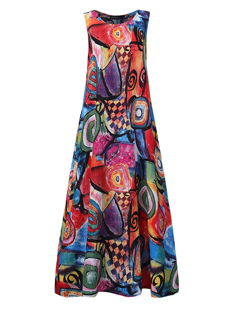 (image for)  Plus Size Women Long Dress Retro O-neck Abstracted Print Sleeveless Beach Maxi Dress with Pockets