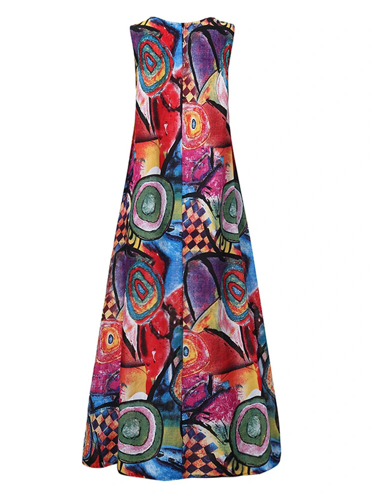 (image for)  Plus Size Women Long Dress Retro O-neck Abstracted Print Sleeveless Beach Maxi Dress with Pockets